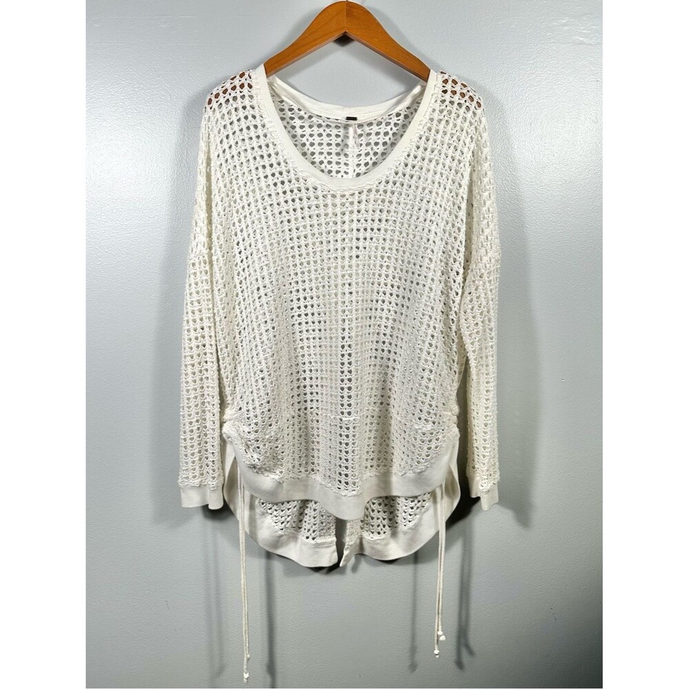 Free People Open-Knit Mesh Crochet Long Sleeve Tunic Sweater White Size Small